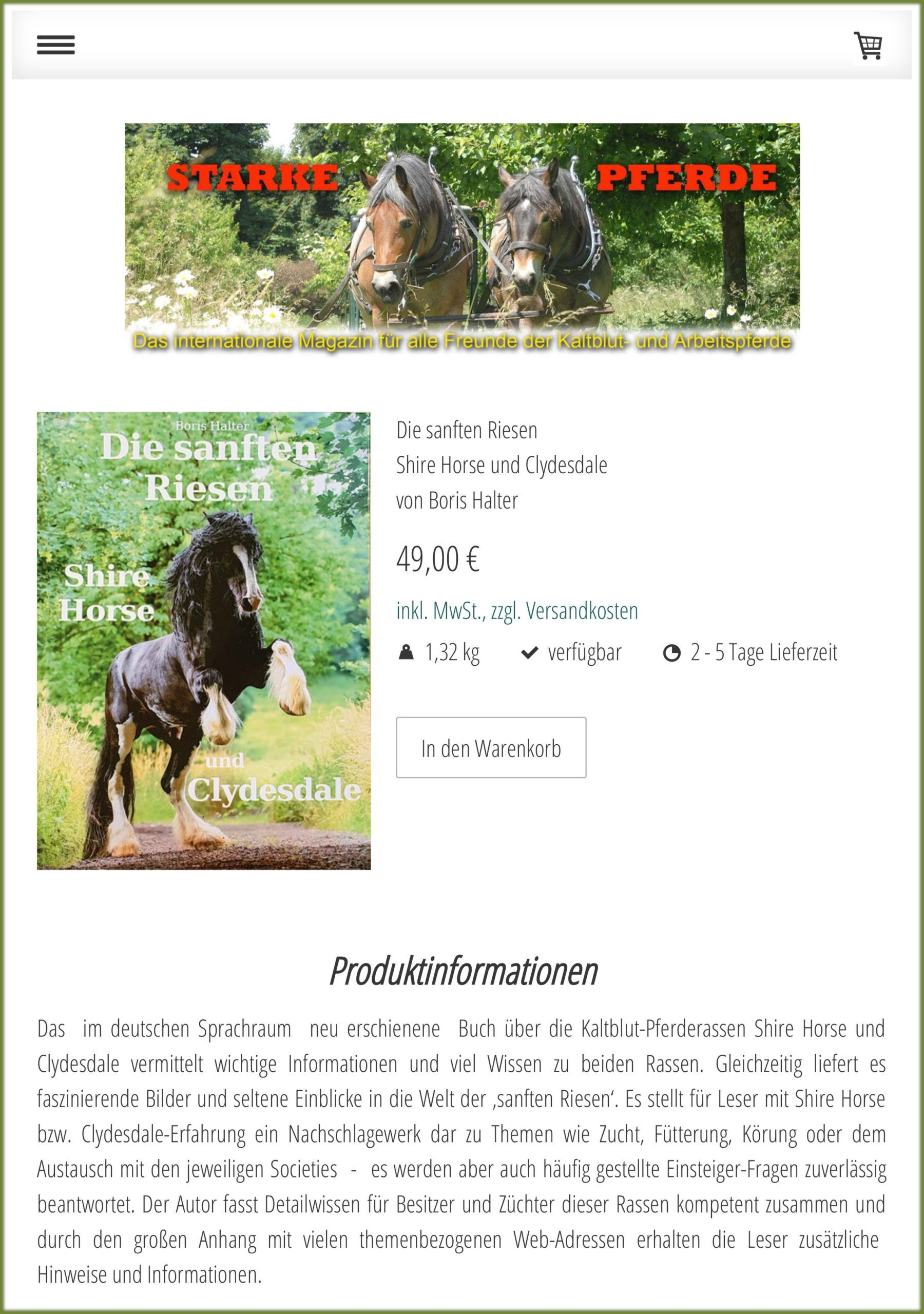Screenshot aus dem Online Shop des Starke Pferde Verlages